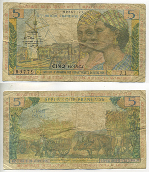 Французские Антилы (Гваделупа, Гвиана, Мартиника) 5 франков 1964 подпись 2 Pick 7b бумага 451-357-2