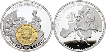 НИДЕРЛАНДЫ МЕДАЛЬ ND МОНЕТА НА МЕДАЛИ, СЕРИЯ ДОЕВРОВЫЕ ЕВРОПЕЙСКИЕ МОНЕТЫ, ПОРТУГАЛИЯ, 2,5 ЭСКУДО 1980, ЛИССАБОН МОНУМЕНТ ПЕРВООТКРЫВАТЕЛЯМ, ДИАМЕТР 50 ММ. серебрение PROOF 1069-4-31