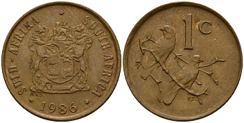 ЮАР 1 цент 1986 герб, капские воробьи KM 82 бронза 4154-1132