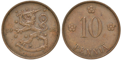 Финляндия 10 пенни 1939 KM 24 медь 51-3114