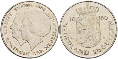 Нидерланды 2 1/2 гульдена 1980 коронация Беатрикс, 30 апреля 1980 KM 201 никель 38-1245