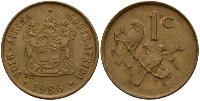 ЮАР 1 цент 1986 герб, капские воробьи KM 82 бронза 4154-1132