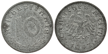 Германия 10 рейхспфеннигов 1947 F, оккупация Германии союзными войсками J. 375, KM A104 цинк 413-631