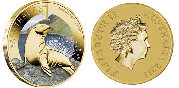 Австралия 1 доллар 2011 серия всемирное наследие, остров Маккуори, морской лев, цветная эмаль KM 1613 алюминиевая бронза UNC M40-20