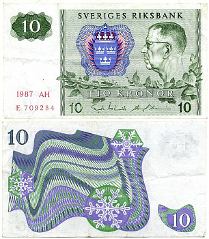 Швеция 10 крон 1987 серия AH, король Густав VI Адольф Pick 52e бумага 7221-13-1-2