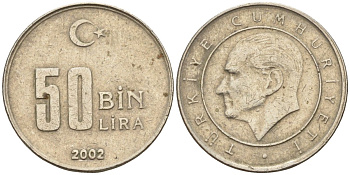 Турция 50000 лир 2002 Мустафа Кемаль Ататюрк KM 1105 медь цинк никель 4174-826