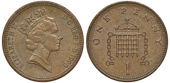 Великобритания 1 пенни 1990 Елизавета II (1952-2022) KM 935, Spink 4381 (B3) бронза 72-1164