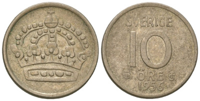Швеция 10 эре 1956 TS, Густав VI Адольф (1950-1973) KM 823 серебро 4617-1152