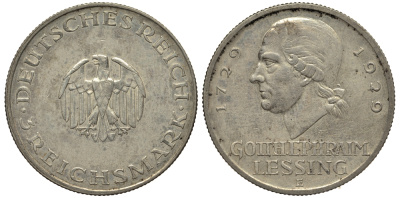 Германия 3 марки 1929 E, 200 лет со дня рождения Лессинга Weege 36, J.335, KM 60 серебро 413-5111