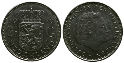 Нидерланды 2 1/2 гульдена 1970 Юлиана (1948-1980) KM 191 никель 4384-943