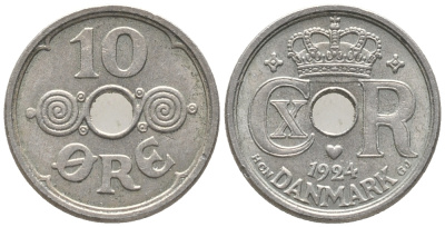ДАНИЯ 10 ЭРЕ 1924 HCN ; GJ, КРИСТИАН X (1912-1947) KM 822.1 медно-никель 100-1136