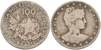 Бразилия 100 рейс 1901 голова свободы вправо KM 503 медно-никель 4589-1024