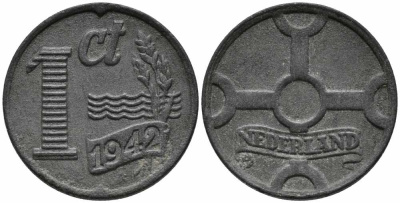 НИДЕРЛАНДЫ 1 ЦЕНТ 1942 ВИЛЬГЕЛЬМИНА (1890-1948) KM 170 цинк 112-447