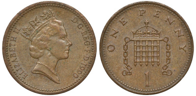 Великобритания 1 пенни 1990 Елизавета II (1952-2022) KM 935, Spink 4381 (B3) бронза 72-1164