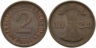 Германия 2 рентенпфеннига 1924 A KM 31, J. 307 бронза 4189-826