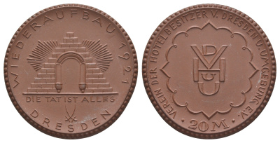 Дрезден 20 марок 1921 Ассоциация владельцев отелей фарфор 1094-11-11