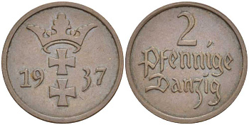 Данциг 2 пфеннига 1937 J. D3, KM 141 бронза 112-811