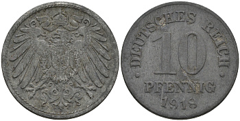 ГЕРМАНИЯ 10 ПФЕННИГОВ 1918 KM 26, J. 299 цинк 75-216