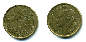 ФРАНЦИЯ 20 ФРАНКОВ 1951 ПЕТУХ, 4 ПЕРА KM 917.1, LE FRANC 402.7 алюминивая бронза 25-2437