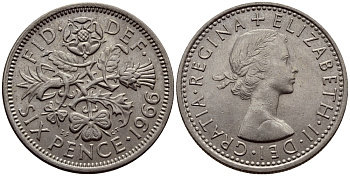 Великобритания 6 пенсов 1966 Елизавета II (1952-2022) KM 903, Spink 4149 медно-никель 75-916