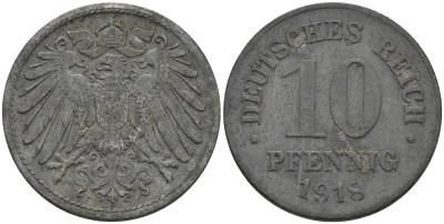 ГЕРМАНИЯ 10 ПФЕННИГОВ 1918 KM 26, J. 299 цинк 75-216