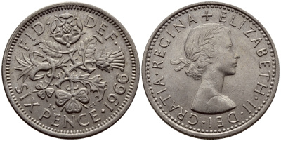 Великобритания 6 пенсов 1966 Елизавета II (1952-2022) KM 903, Spink 4149 медно-никель 75-916
