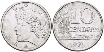 БРАЗИЛИЯ 10 СЕНТАВО 1975 РЕФОРМА (1967-1985), ГОЛОВА СВОБОДЫ ВЛЕВО KM 578.1а нержавеющая сталь 4514-747