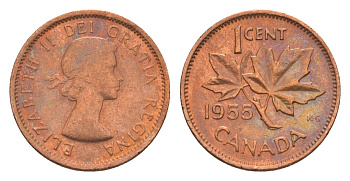 Канада 1 цент 1955 Елизавета II (1952-2022), кленовый лист KM 49 бронза 4639-311