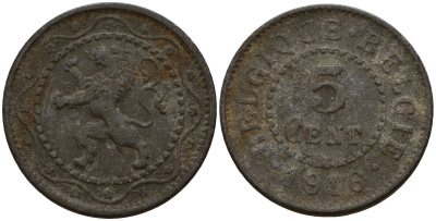 Бельгия 5 сантимов 1916 германская оккупация Первая мировая война, Альберт I (1910-1934) KM 80 цинк 4147-211