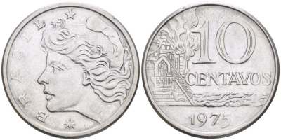 БРАЗИЛИЯ 10 СЕНТАВО 1975 РЕФОРМА (1967-1985), ГОЛОВА СВОБОДЫ ВЛЕВО KM 578.1а нержавеющая сталь 4514-747