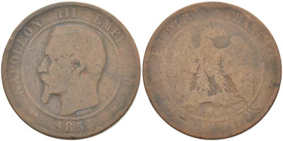 ФРАНЦИЯ 10 САНТИМОВ 1854 BB, НАПОЛЕОН III (1852-1870) KM 771.3, LE FRANC 133.10 бронза 215-543