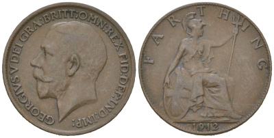 Великобритания 1 фартинг 1912 Георг V (1910-1936) KM 808.1, Spink 4059 бронза 4617-851