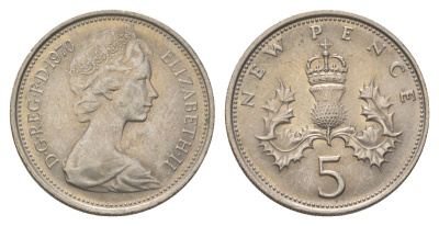 Великобритания 5 пенсов 1970 Елизавета II (1952-2022) KM 911, Spink 4233 (D1) медно-никель aUNC 4628-815