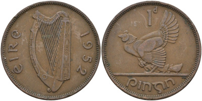 Ирландия 1 пенни 1952 курица с цыплятами KM 11 бронза 4137-723
