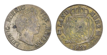 Бавария 1 крейцер 1827 Людвиг I (1825-1848) KM 727 серебро 3896-435