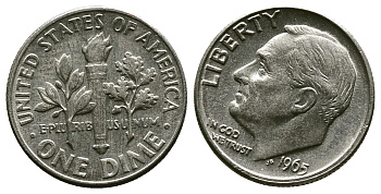 США 10 ЦЕНТОВ = 1 ДАЙМ 1965 РУЗВЕЛЬТ KM 195a медь плакированная медно-никелем 4383-464