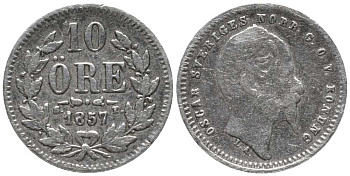 Швеция 10 эре 1857 ST, Оскар I (1844-1859) KM 683 (473) серебро 201-1118