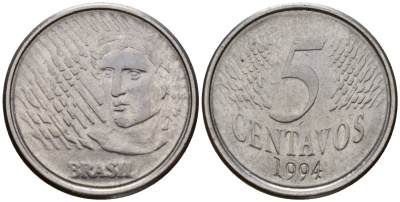 Бразилия 5 сентаво 1997 реформа 1994-, голова свободы влево KM 632 нержавеющая сталь 217-1236