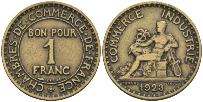 Франция 1 франк 1923 KM 876, Le Franc 218.5 алюминиевая бронза 4591-1053