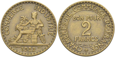 Франция 2 франка 1922 тип Chambres de Commerce KM 877, LE FRANC 267.4 алюминиевая бронза 180-515
