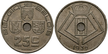Бельгия 25 сантимов 1939 Belgique - Belgie KM 114 никель латунь 4382-532
