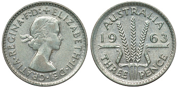 Австралия 3 пенса 1963 m, Елизавета II (1952-2022) KM 57 серебро 71-945