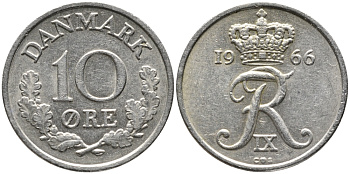 Дания 10 эре 1966 С; S, Фредерик IX (1947-1972) KM 849.1 медно-никель 100-725