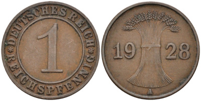 Германия 1 рейхспфенниг 1928 А, Веймарская республика KM 37 бронза 188-1164