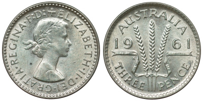 Австралия 3 пенса 1961 m, Елизавета II (1952-2022) KM 57 серебро 71-755