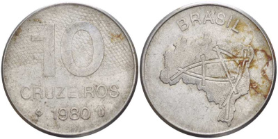 Бразилия 10 крузейро 1980 карта Бразилии KM 592.1 нержавеющая сталь 51-2742
