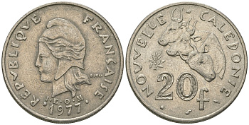 Французская Новая Каледония 20 франков 1977 три быка, (IEOM) KM 12, Schoen 14, Lec 107 никель 71-1221