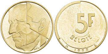 БЕЛЬГИЯ 5 ФРАНКОВ 1992 BELGIE, БОДУЭН I (1951-1993) KM 164 латунь или алюминиевая бронза 4364-1734