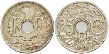 ФРАНЦИЯ 25 САНТИМОВ 1921 KM 867а медно-никель 4402-1214