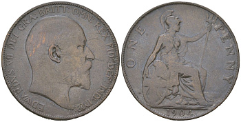 Великобритания 1 пенни 1904 Эдуард VII (1901-1910) KM 794.2, Spink 3990 бронза 221-1232